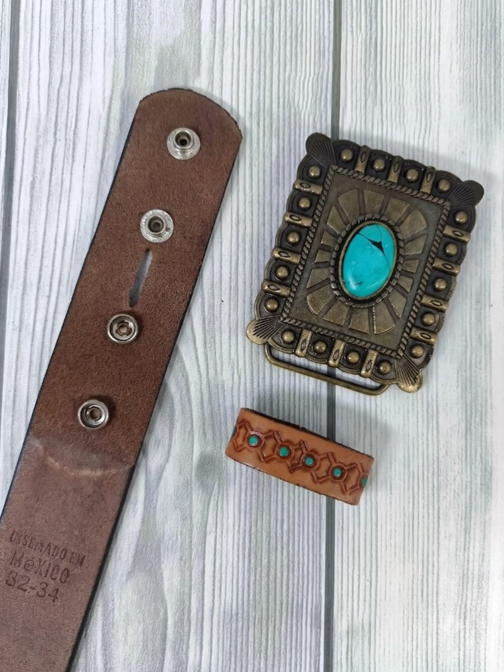 Turquoise Tooled Leather Western Belt: Floral Scrollwork, Antique Brass Buckle - Picture 9 of 12